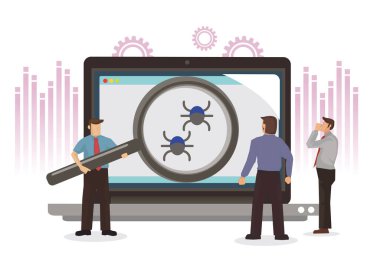 İşadamı, mikrop ve virüsü büyüteçle bir dizüstü bilgisayarda araştırıyor. Böcek kontrollü defter. Yazılım hataları. Düz izole vektör illüstrasyonu.