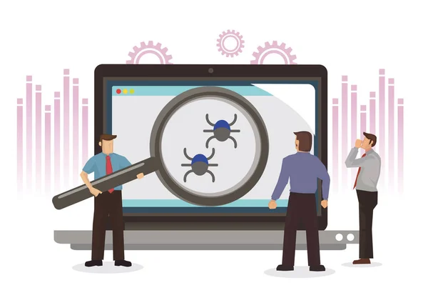 ビジネスマンは虫眼鏡でノートパソコンでバグやウイルスを調査します バグを制御するノートブック ソフトウェアのエラー 平面分離ベクトル図 — ストックベクタ