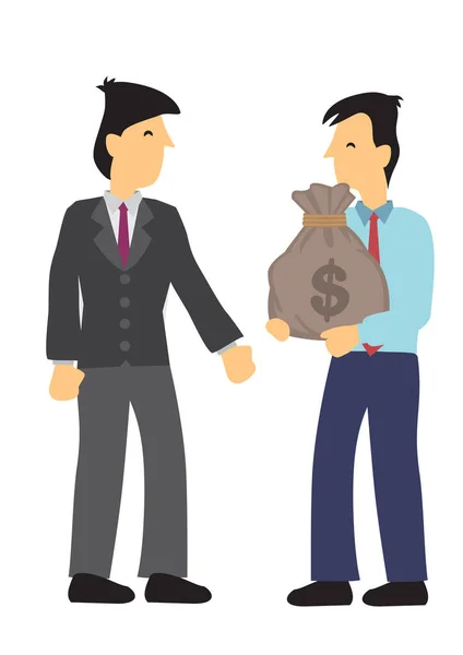 Manager Giving Money Bag Bonus Cash Male Employee Boss Congratulating — Stock Vector