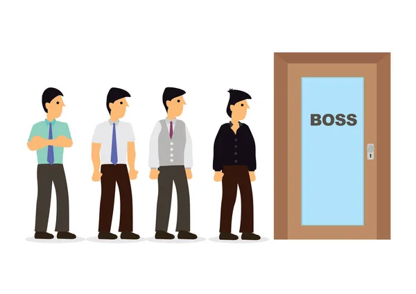 上司のオフィスの外で待っているビジネスマン またはパフォーマンスレビューの概念 平面ベクトル図 — ストックベクタ