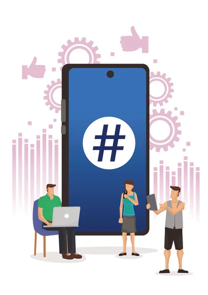 带有Hashtag标志的智能手机 人和社交网络 矢量说明 — 图库矢量图片