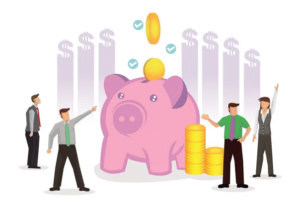 Business Men Coins Putting Piggy Bank Concept Saving Money Saving — Stock Vector