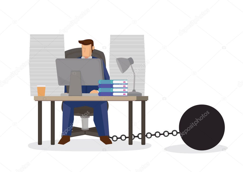 Chained businessman in his working desk. Business slave concept. Vector illustration