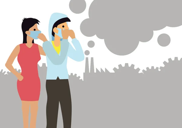 Couple Wearing Face Mask Because Air Pollution City Air Pollution — Stock Vector