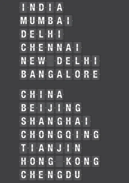 Luchthaven flip bord met naam van steden in china en india — Stockvector