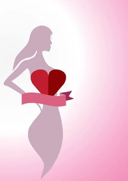 Sexy vrouw silhouet met hart en lint geïsoleerd op roze bac — Stockvector