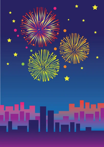 Colorful Fireworks in City at Night — Stock Vector