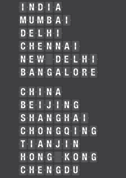 Airport Flip Board with Name of Cities in China and India