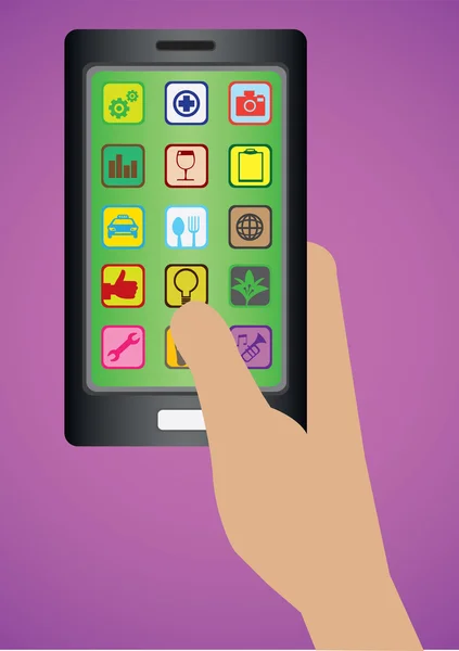 Ręka trzyma Handphone z aplikacji ikony ilustracja wektorowa — Wektor stockowy