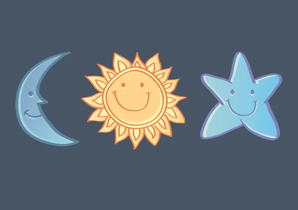 Sonne, Mond und Sternensymbole isoliert auf dunkelblauem Hintergrund — Stockvektor