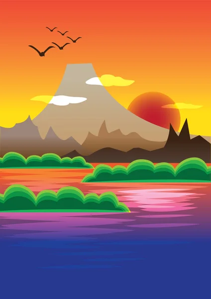 Picturesque Sunset Behind Volcano Mountain Vector Illustration — Stock Vector