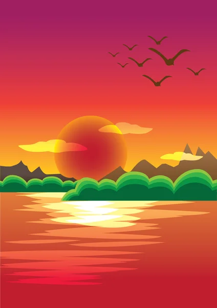 Beautiful Sunset with Red Sky Background and Water Foreground — Stock Vector