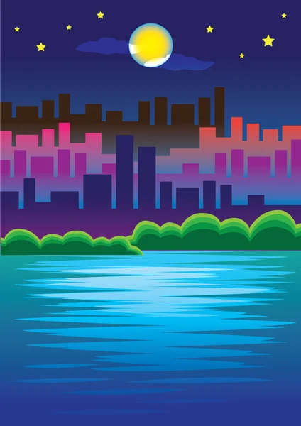 Romantic Urban Scene of City skyline in the Moonlight Vector Ill — Stock Vector