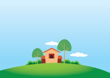 Ve ağaçlar otlakta cartoony çözüm kır evi