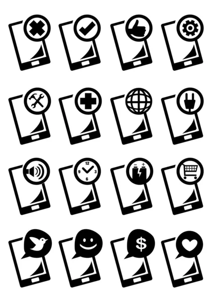 Handphones and different functions in black and white. — Stock Vector