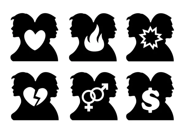 Silhouettes of  two persons and  symbols between them. — Stock Vector