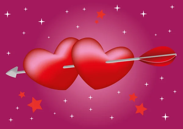 Vector illustration of an arrow shooting through two hearts — Stock Vector