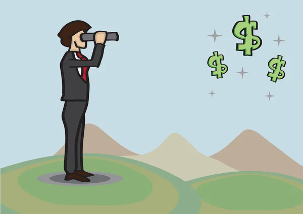 Businessman Spots Money Opportunities in Distance with Telescope — Stock Vector