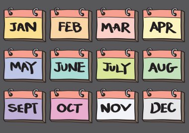 12-Month Calendar Cartoon Vector Icon Set clipart