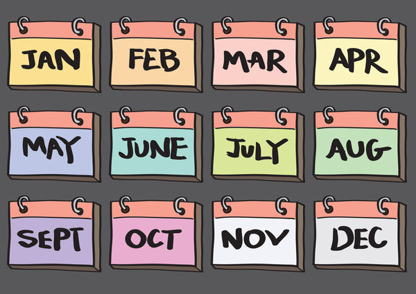 12-Month Calendar Cartoon Vector Icon Set