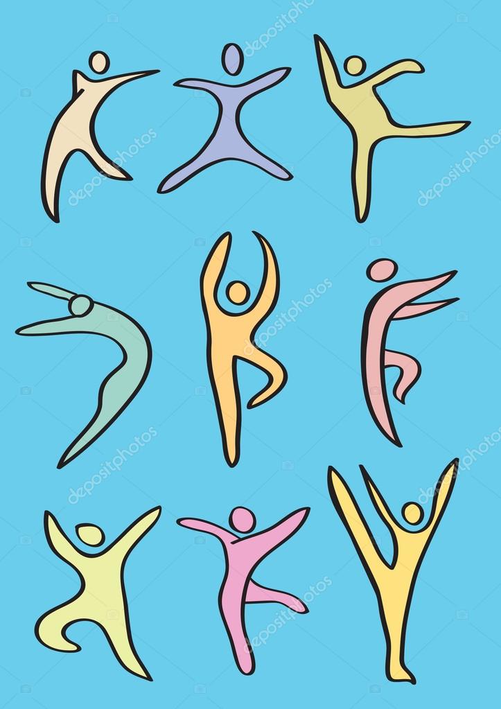 Vector illustration of stylized icon of dancers doing contemporary dance moves. Colorful icon Set isolated on blue background