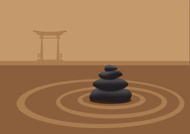 Taş geleneksel Japon G önünde kum bahçesinde yığılmış