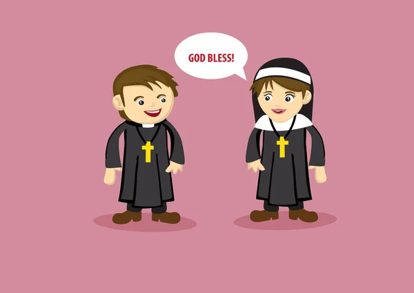 Cute Nun Says God Bless to Priest Cartoon Style Vector Illustrat — Stock Vector