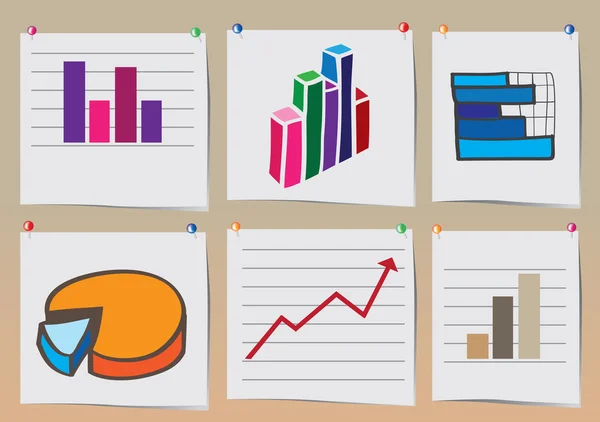 Gráficos de ações e gráfico de negócios printout preso na ilustração do vetor de parede —  Vetores de Stock