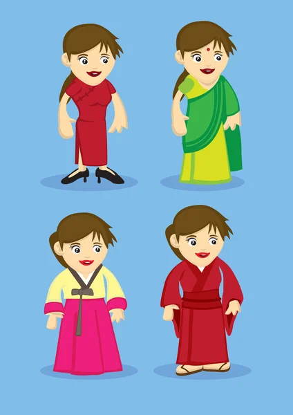 Traditional Asian Costumes for Women Vector Illustration — Stock Vector