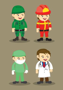 Asker itfaiyeci cerrah ve doktor vektör çizim
