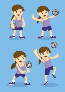 Sevimli sportif kız voleybolu top vektör çizim oynarken 