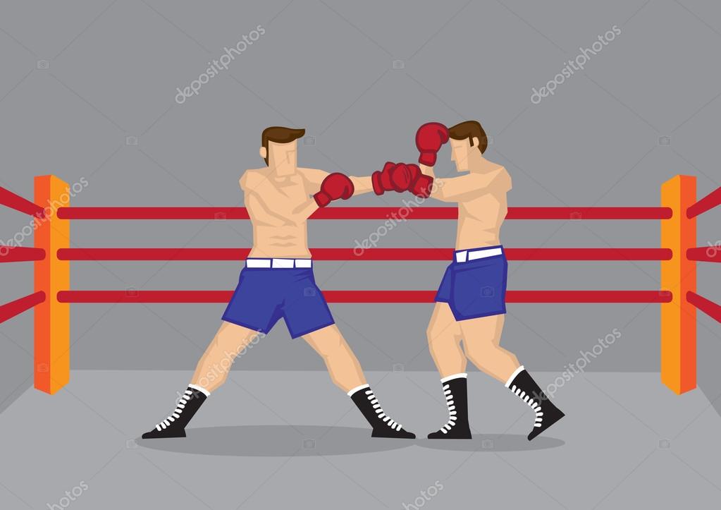 Vector cartoon illustration of two muscular barechested boxers wearing