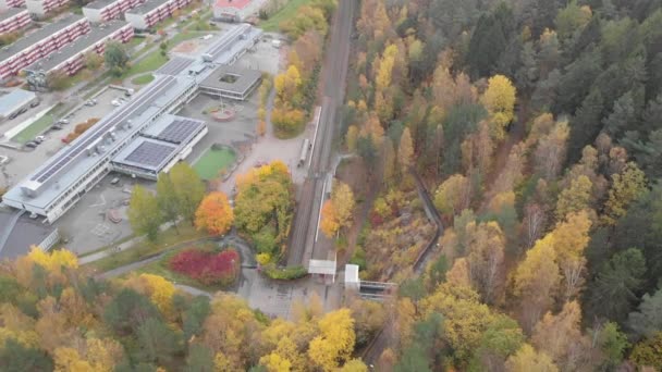 Tramvajová zastávka na předměstí, Podzimní scéna se žlutým a zeleným lesem, Vzestup vzduchu — Stock video