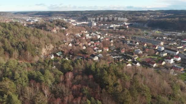 Nordic City undangömt i vidsträckt tallskog, antennen avslöjar — Stockvideo