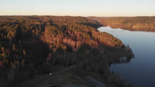 Vit bil körning på väg bredvid vidsträckt skog och sjö, antenn — Stockvideo