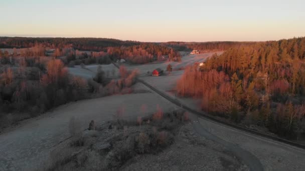 Väg som leder fram till Red Farm Barn, Skogslandskap, Early Morning, Antenn — Stockvideo