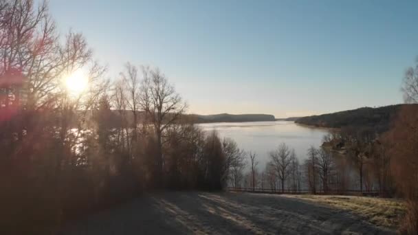 Lugn sjö Avslöja, solen skiner genom bar träd, antenn stiger — Stockvideo