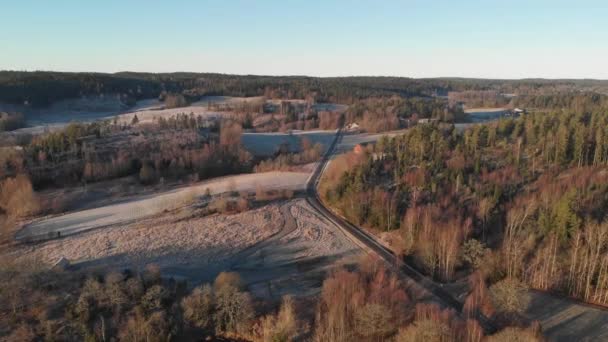 Rural Road in Frozen Landscape Forest Aerial Forward — Stock video