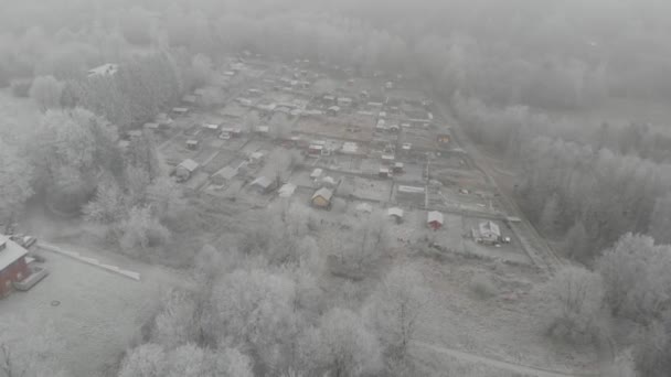 City Farm Foggy Winter Morning, Aerial — стокове відео