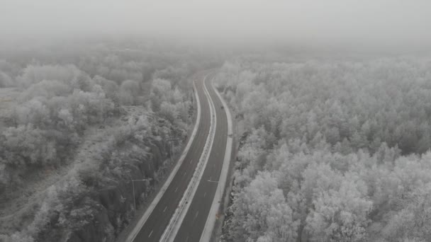 Tomma Highway Foggy Winter Landskap, antenn Dra tillbaka — Stockvideo