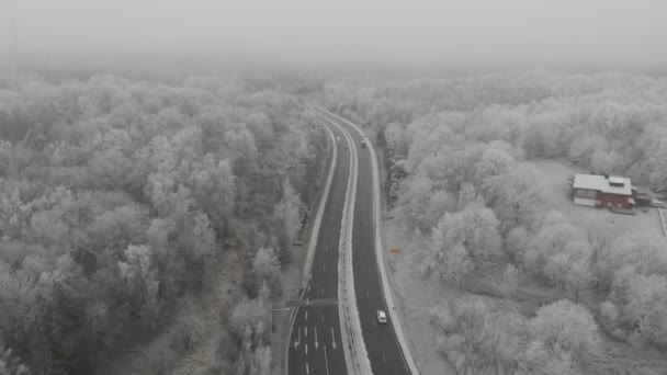 Highway Winter Road och snöiga skogslandskap, antenn — Stockvideo