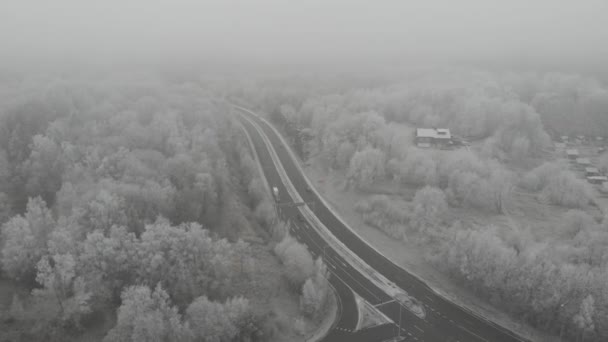 Wegenkruispunt Winter Tijd, Bos met mist, Luchtvaart — Stockvideo