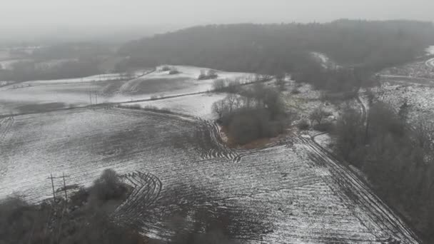 Fields With Snow During Winter Season, Farming Concept, Backwards Aerial — Vídeos de Stock