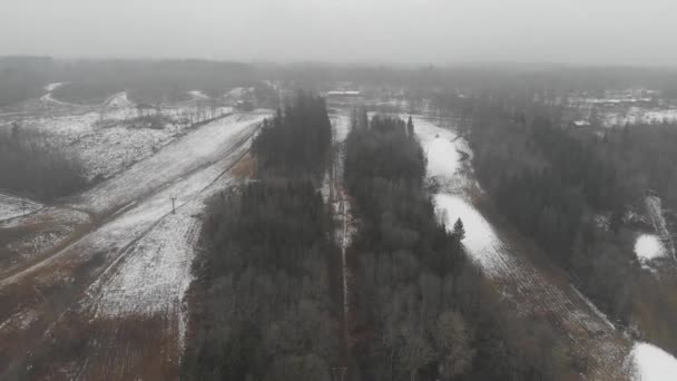 Empty Ski Resort Center, First Snow, Aerial Reveal — Vídeo de Stock