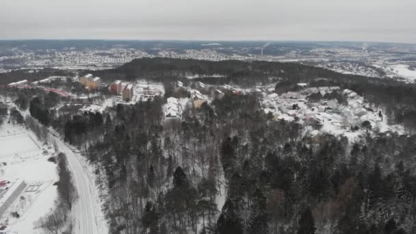 Hilly Ormanı 'ndaki yerleşim bölgesi Karla kaplı, Uzun Vuruş, Hava Alanı — Stok video