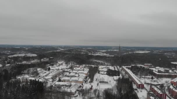 Stadtgebiet in winterlicher Waldlandschaft, Bedeckt, Depression, Luftaufnahme — Stockvideo