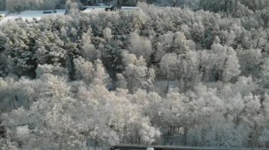 Karla kaplı ağaçlar, güçlükle görülebilen trafik yolu, hava tepesi.