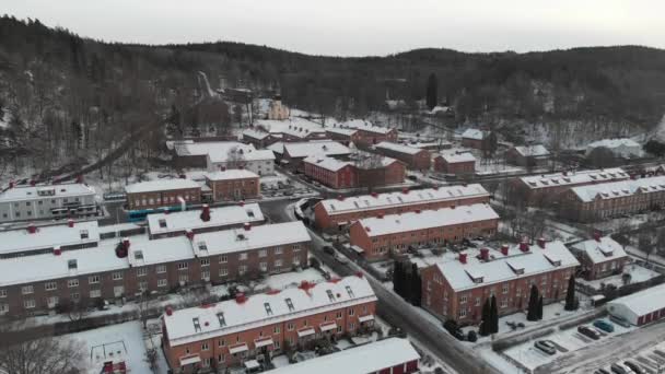 Jonsered Church and Traditional Community At Winter, Aerial Rising — Stok Video