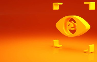 Sarı göz tarama simgesi turuncu arkaplanda izole edildi. Göz taraması yapılıyor. Güvenlik kontrol sembolü. Siber göz işareti. Minimalizm kavramı. 3d illüstrasyon 3B canlandırma.