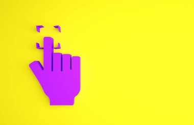 Sarı arkaplanda izole edilmiş mor parmak izi simgesi. Kimlik uygulaması simgesi. Kimlik işareti. Kimliğe dokun. Minimalizm kavramı. 3d illüstrasyon 3B canlandırma.